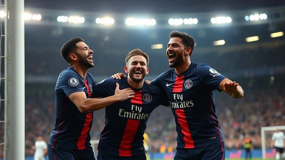 Cầu thủ Paris Saint-Germain ăn mừng bàn thắng trên sân