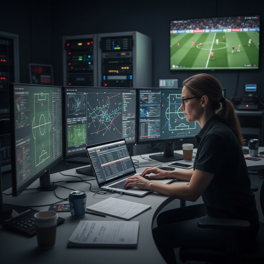 Chuyên gia phân tích bóng đá với máy tính và màn hình thống kê.
