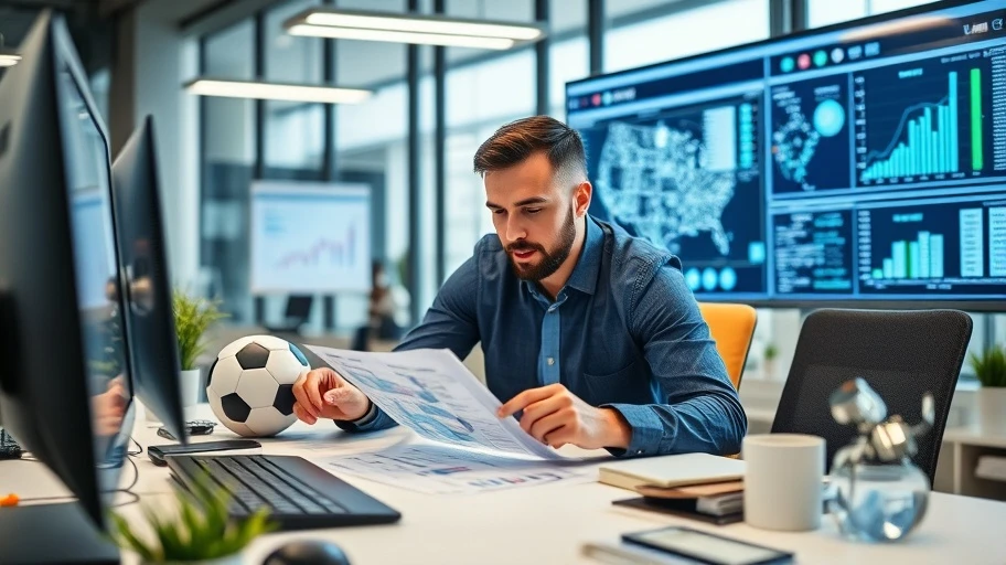 Hình ảnh chuyên gia phân tích dữ liệu bóng đá trong văn phòng hiện đại.