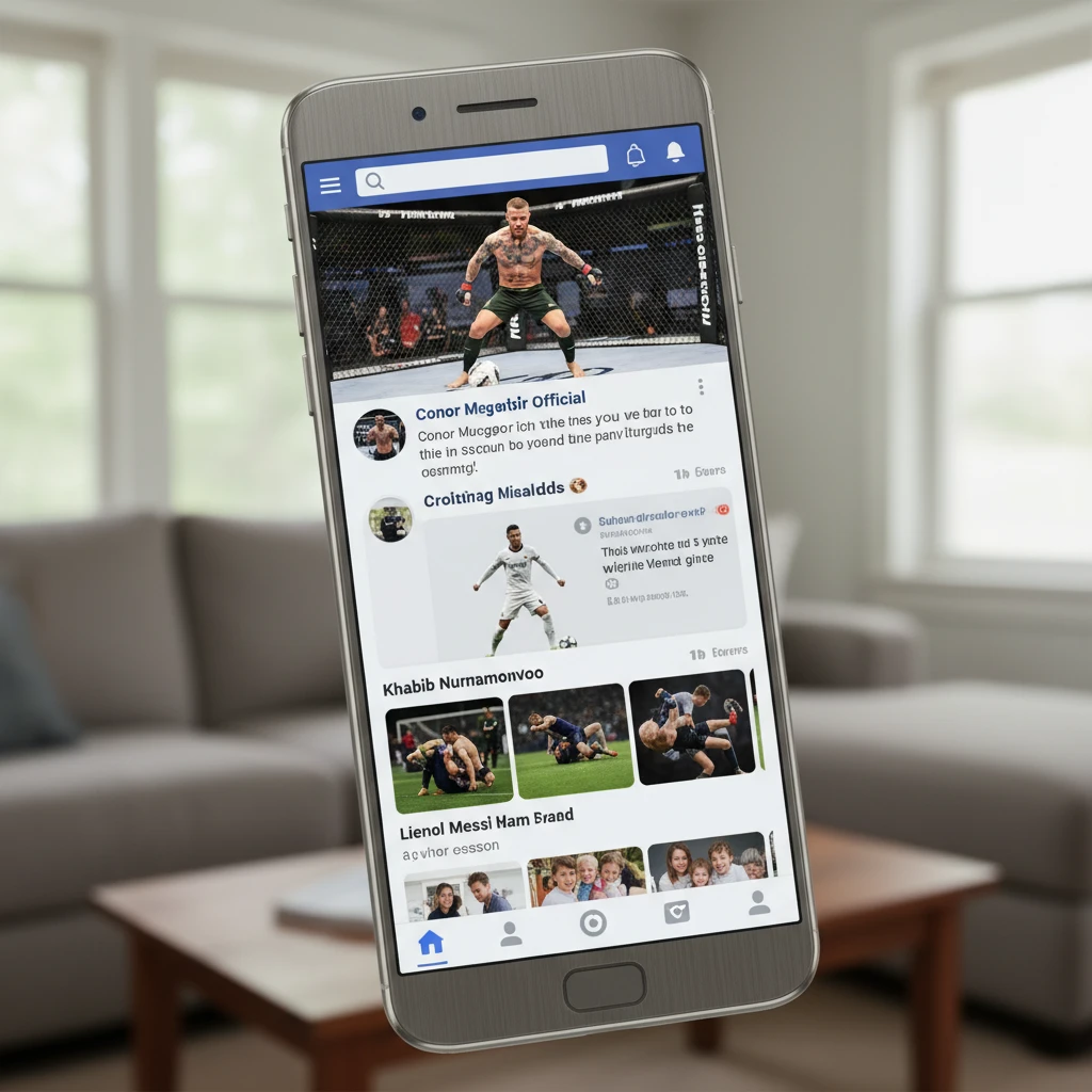 Hình ảnh một điện thoại hiển thị Facebook với bài viết từ các võ sĩ UFC và siêu sao bóng đá.