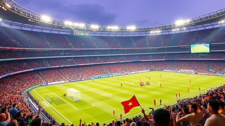 Hình ảnh sân vận động bóng đá Việt Nam đông đúc với người hâm mộ.