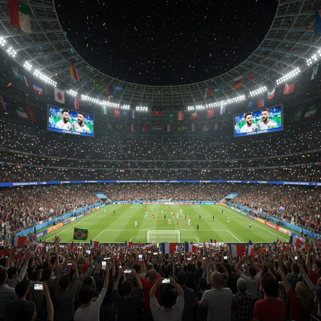 Hình ảnh sân vận động lớn, biểu tượng của sự phổ biến toàn cầu của các siêu sao bóng đá