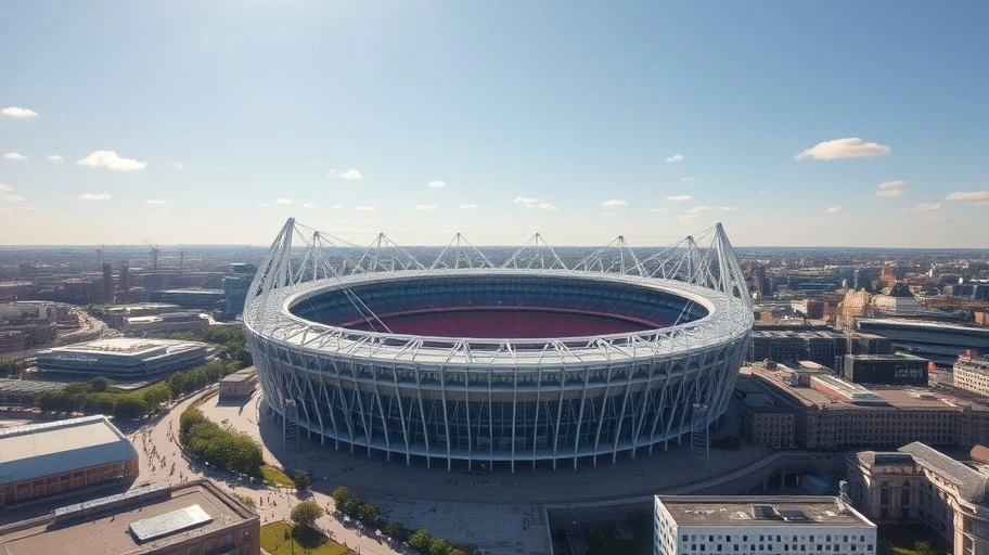 Hình ảnh sân Wembley từ trên cao vào ngày nắng ráo.