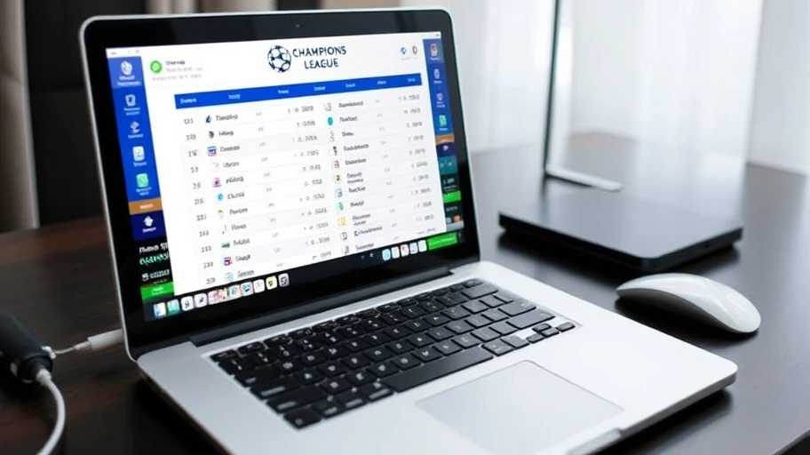 Laptop hiển thị lịch thi đấu Champions League